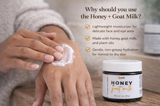Leafia Skincare honey goat milk face and eye cream applied to skin, lightweight white texture for daily moisturizing