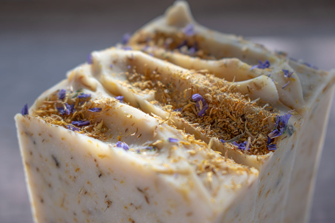 Close up of three Pale Natural Handmade Soap. Calendula flower petals in the soap with more calendula petals on the top of the soap. Sunlight reflecting on the top of the soap to emphasize the beauty of the natural botanicals 