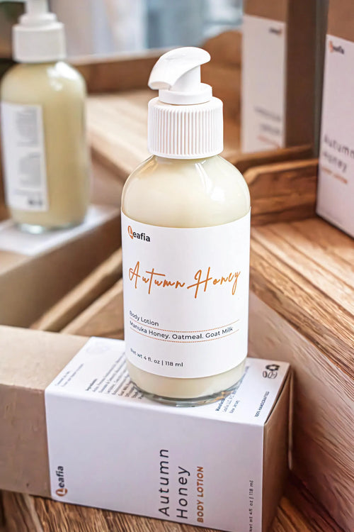 Leafia Skincare creamy body lotion with pump dispenser, dispensed to show rich smooth texture