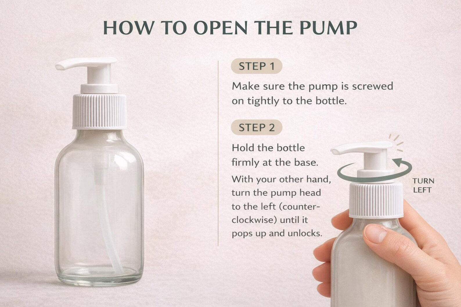Leafia Skincare instructional graphic showing how to open a pump bottle, step-by-step text with illustration turning pump head counterclockwise to unlock