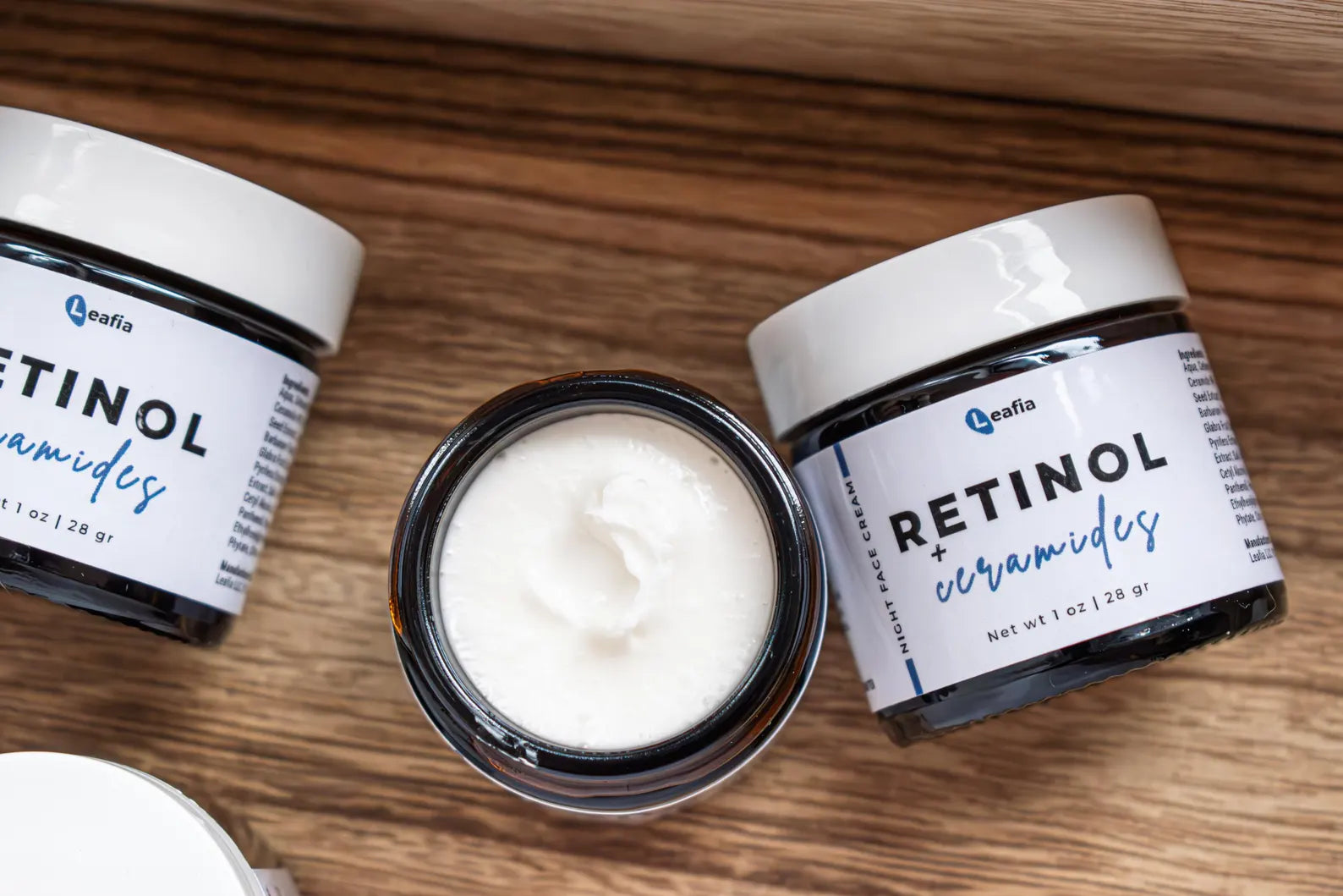 Leafia Skincare retinol and ceramides night face cream in glass jars, creamy texture for normal skin and barrier repair