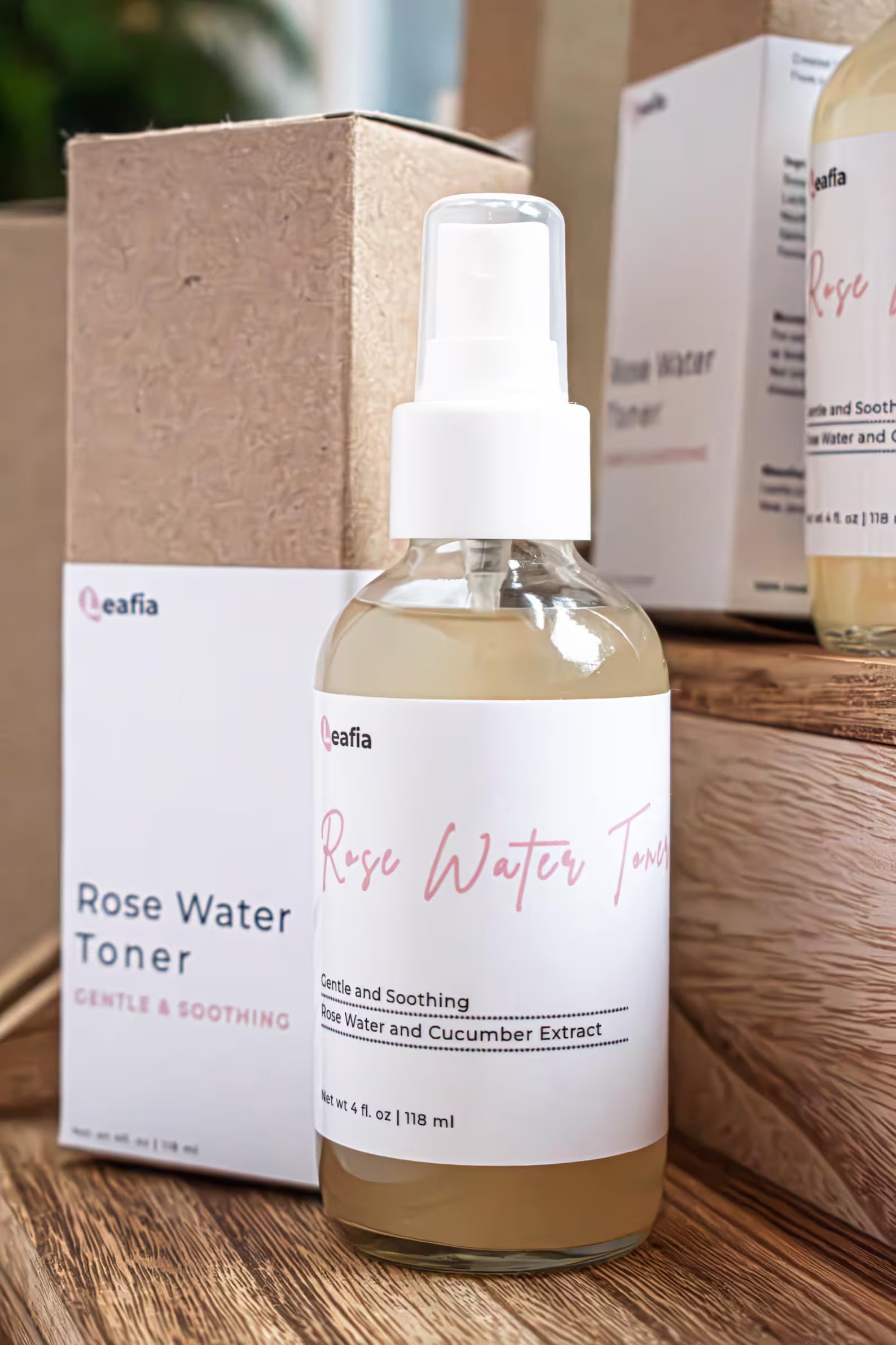 Leafia Skincare hydrating rose water facial toner with packaging, lightweight soothing mist for normal and sensitive skin