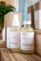 Leafia Skincare Rose Water Toner with rose and cucumber imagery, promoting post-cleanse hydration and calming care