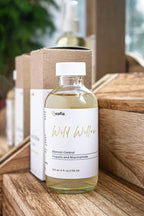 Leafia Skincare Wild Willow Facial Toner in clear glass bottle on light wood with soft botanical accents and clean apothecary label
