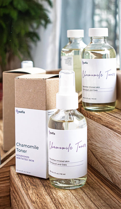 Leafia Skincare Chamomile Toner gentle hydrating facial toner in clear glass bottles with matching boxes