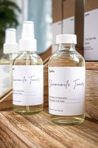 Leafia Skincare chamomile toner bottle beside text on benefits, balancing skin and prepping for serums