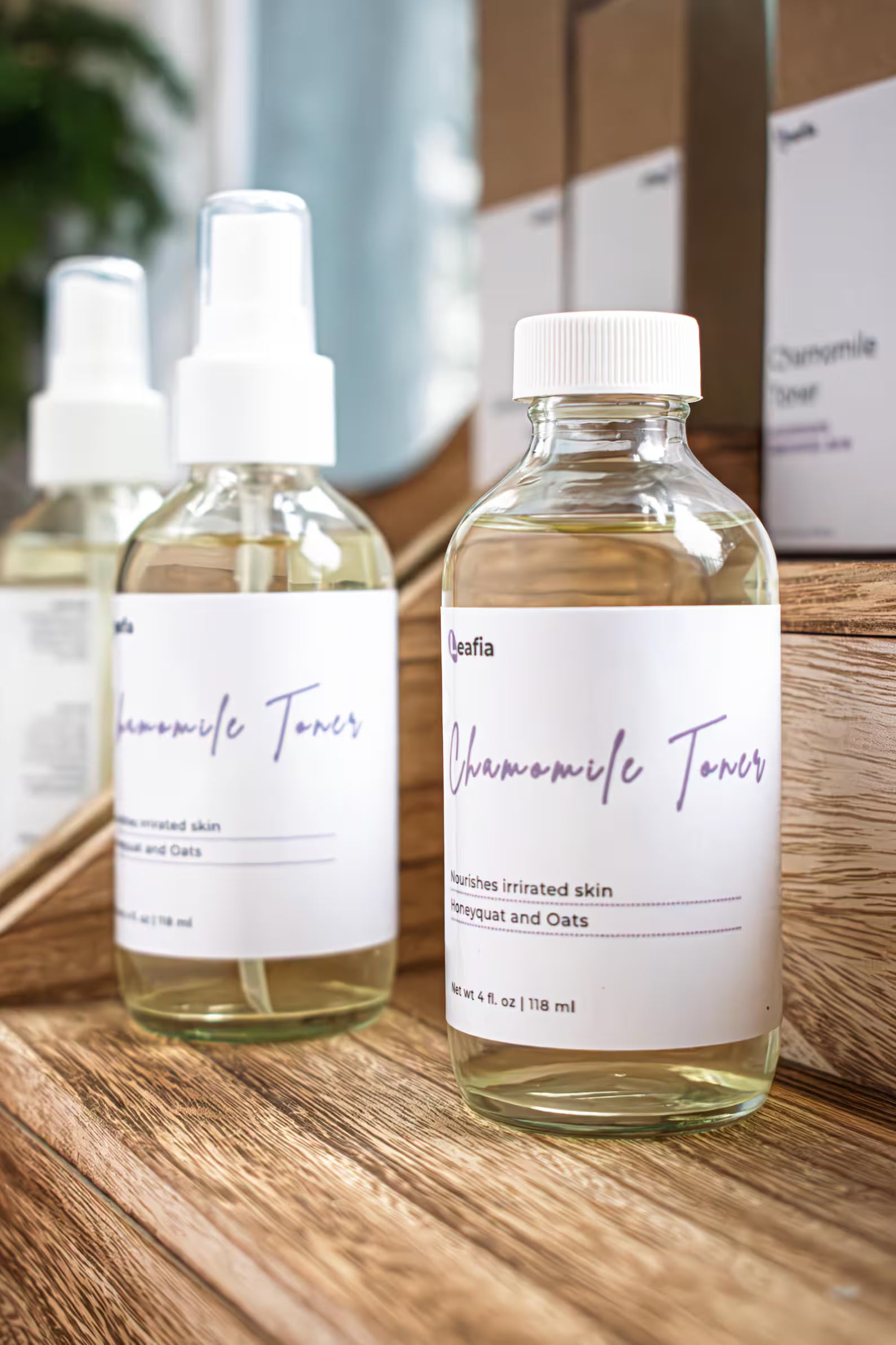 Leafia Skincare chamomile toner bottle beside text on benefits, balancing skin and prepping for serums