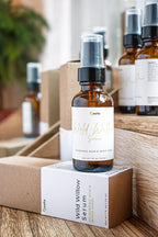 Leafia Skincare Wild Willow Serum in amber glass pump bottle on wooden shelf with minimal white label and kraft packaging