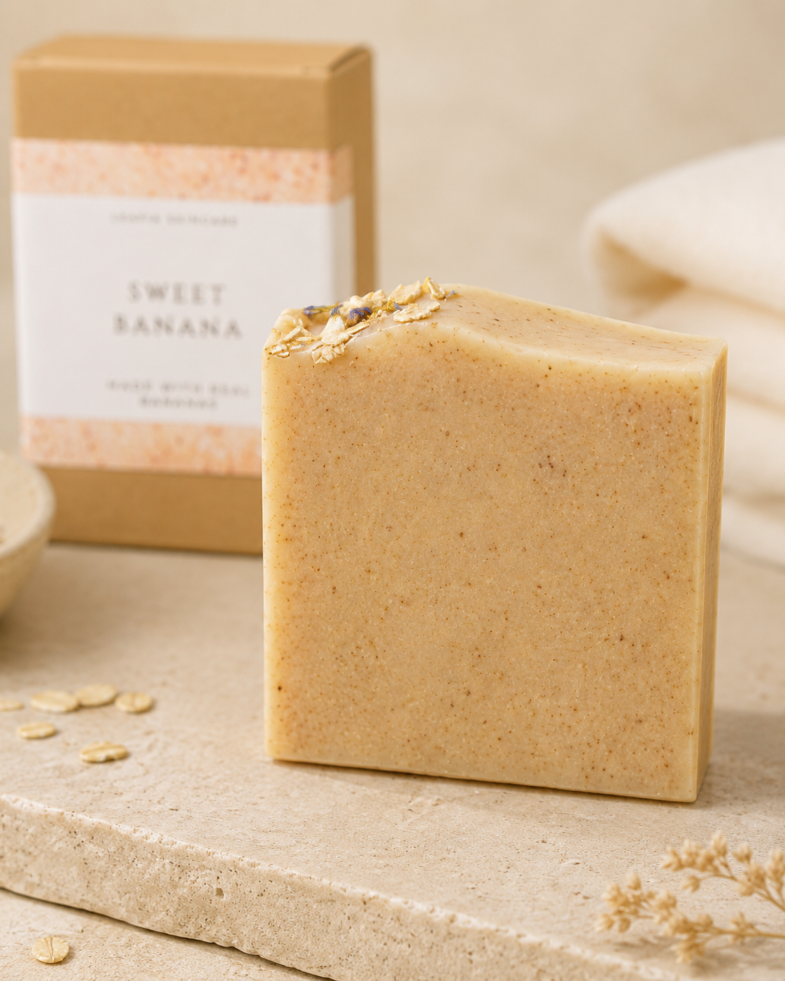 Bar of soap with a 'Sweet Banana' packaging on a neutral background