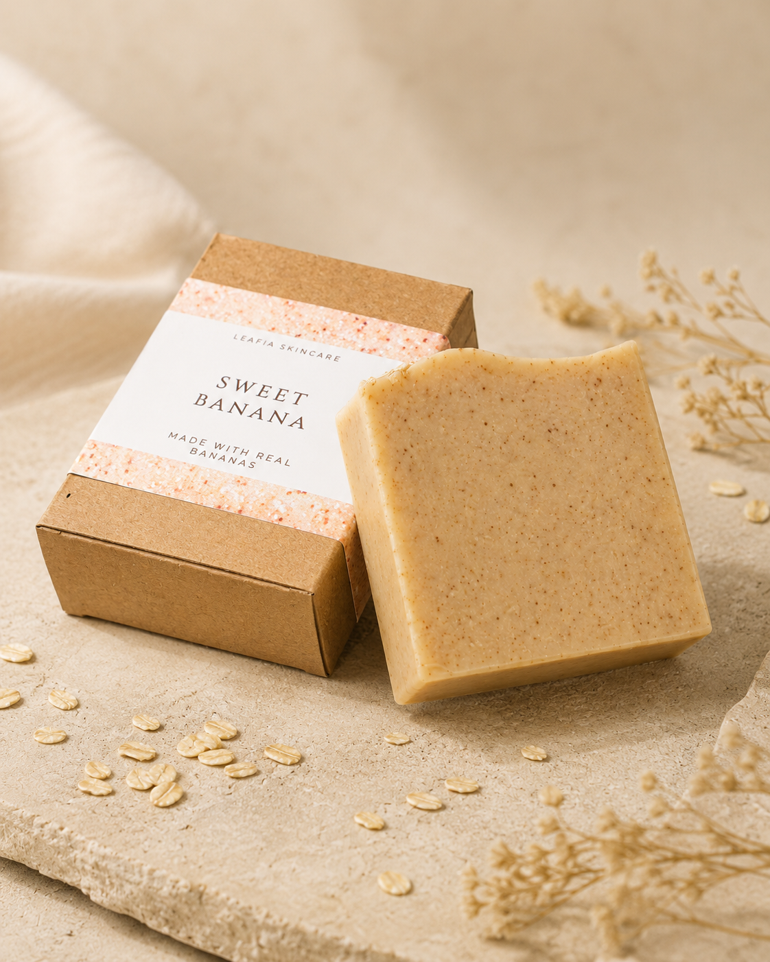 Bar of soap with a 'Sweet Banana' label on a beige background