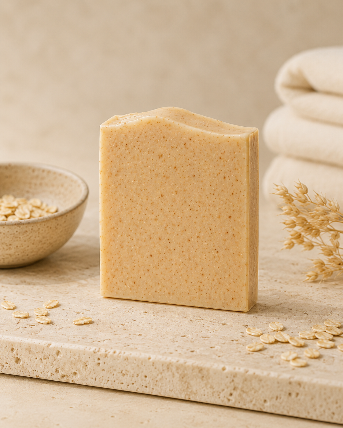 Bar of soap on a wooden surface with oats and a bowl in the background