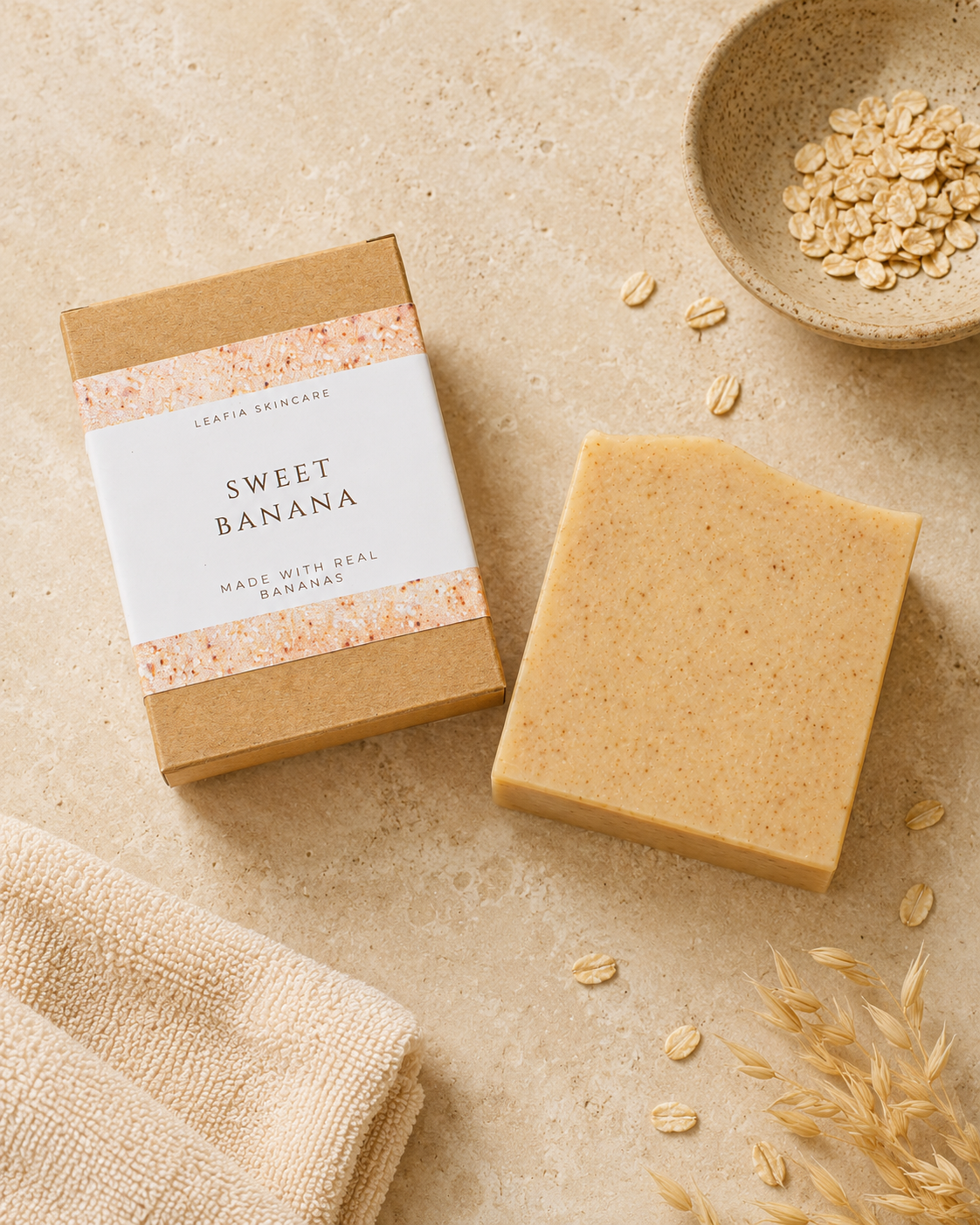 Bar of soap labeled 'Sweet Banana' with packaging on a beige surface with oats and towel.