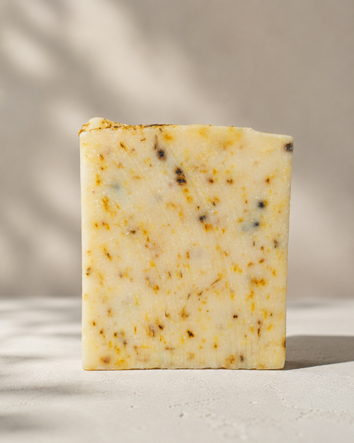 Block of cheese with visible herbs on a neutral background