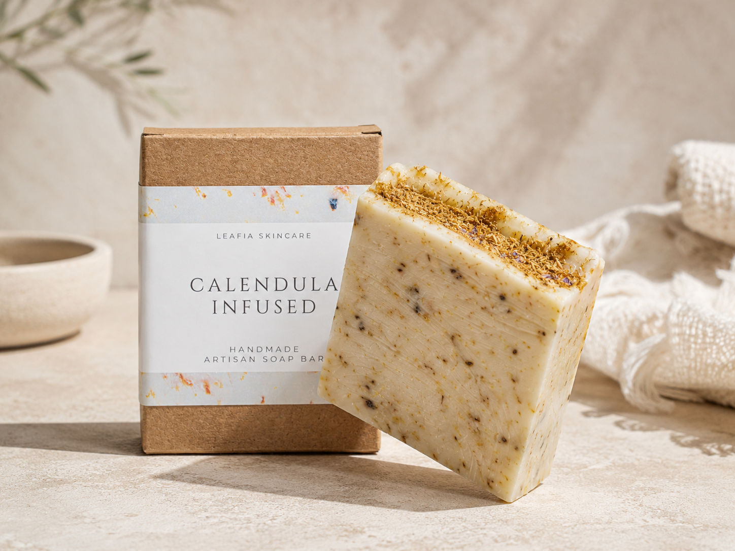 Calendula-infused soap bar with packaging on a neutral background