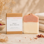 Rose Rice Water soap bar with packaging on a neutral background