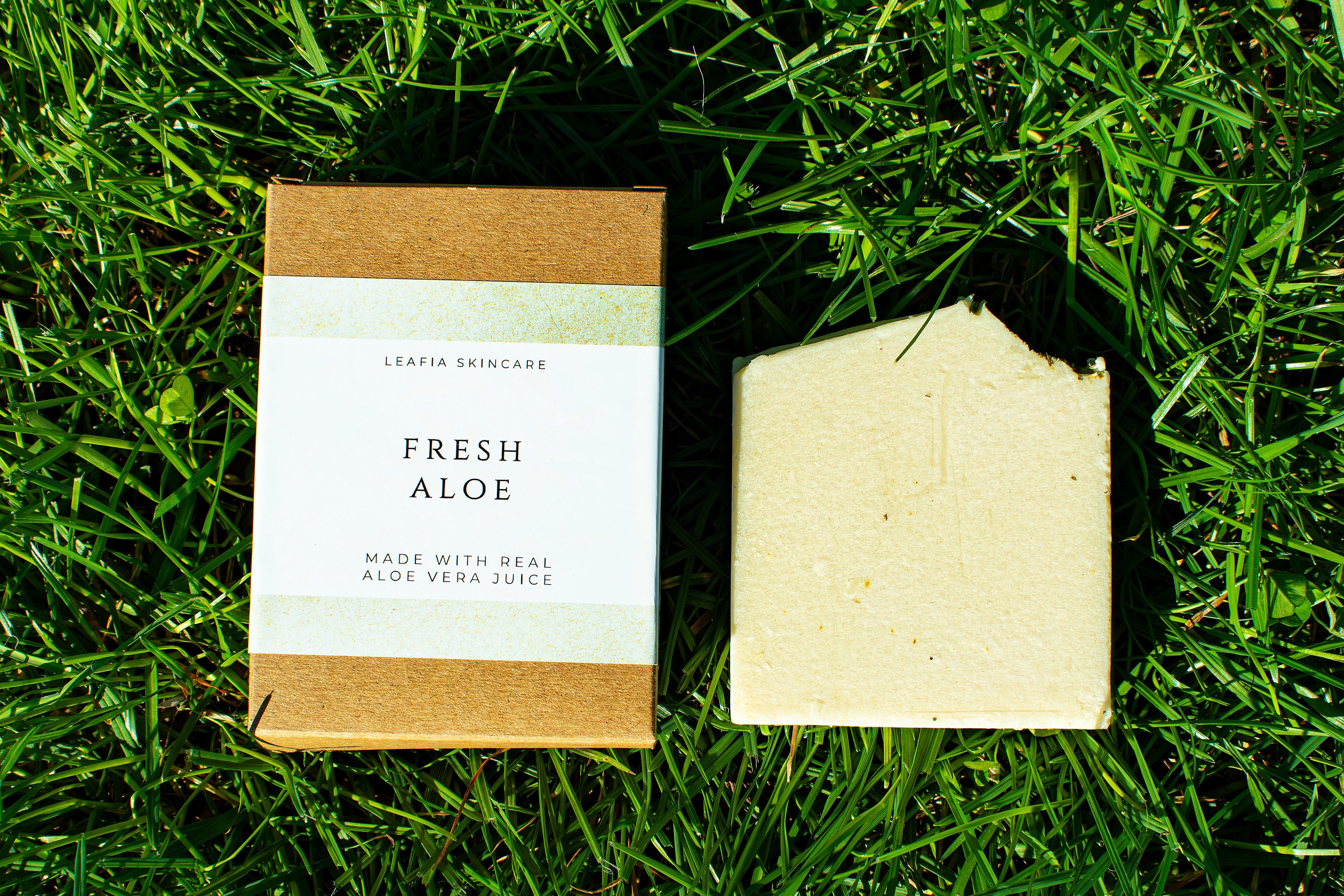 Bar of soap and packaging labeled 'Fresh Aloe' on grass
