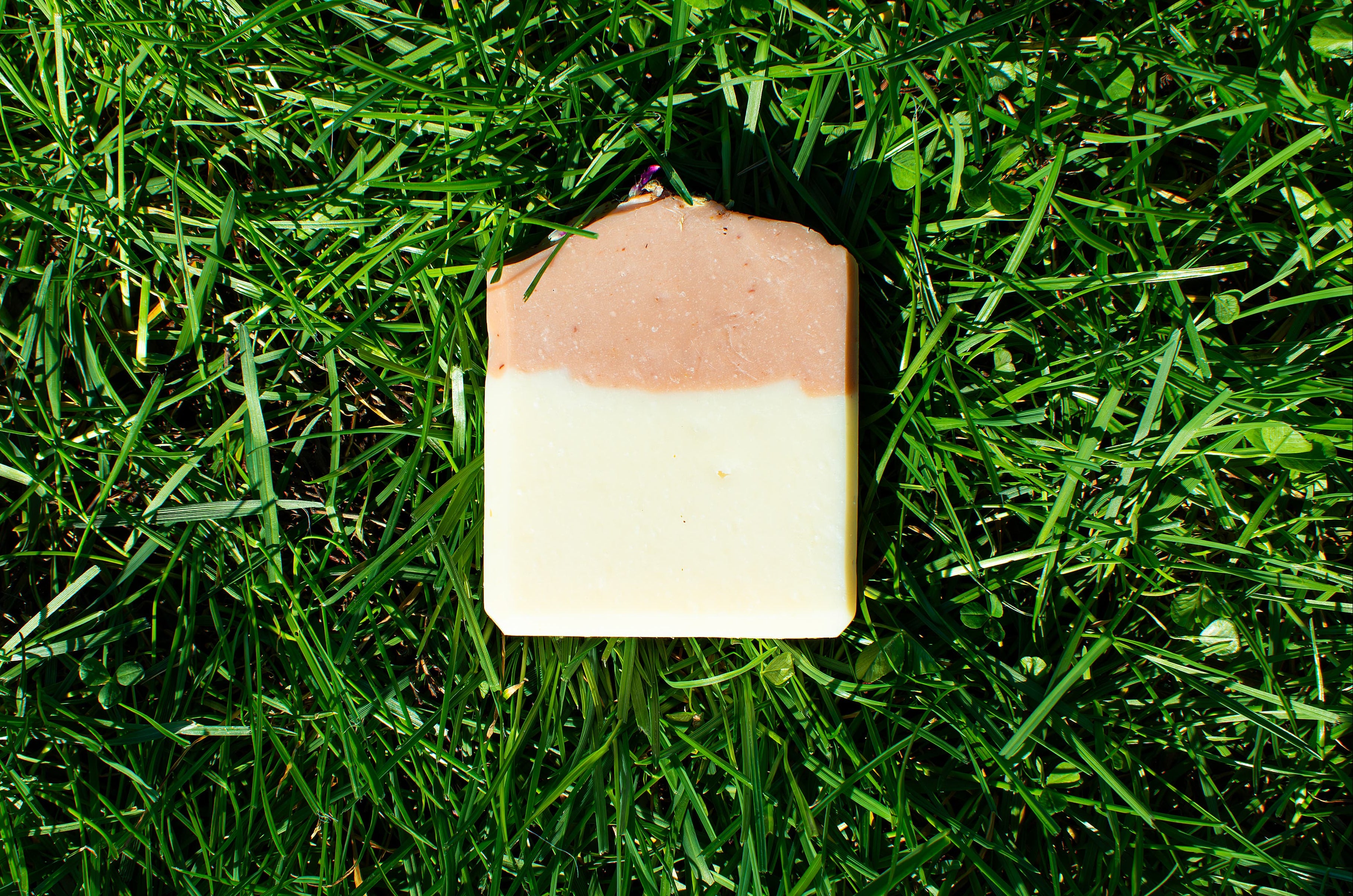 pink and white soap on a grass background