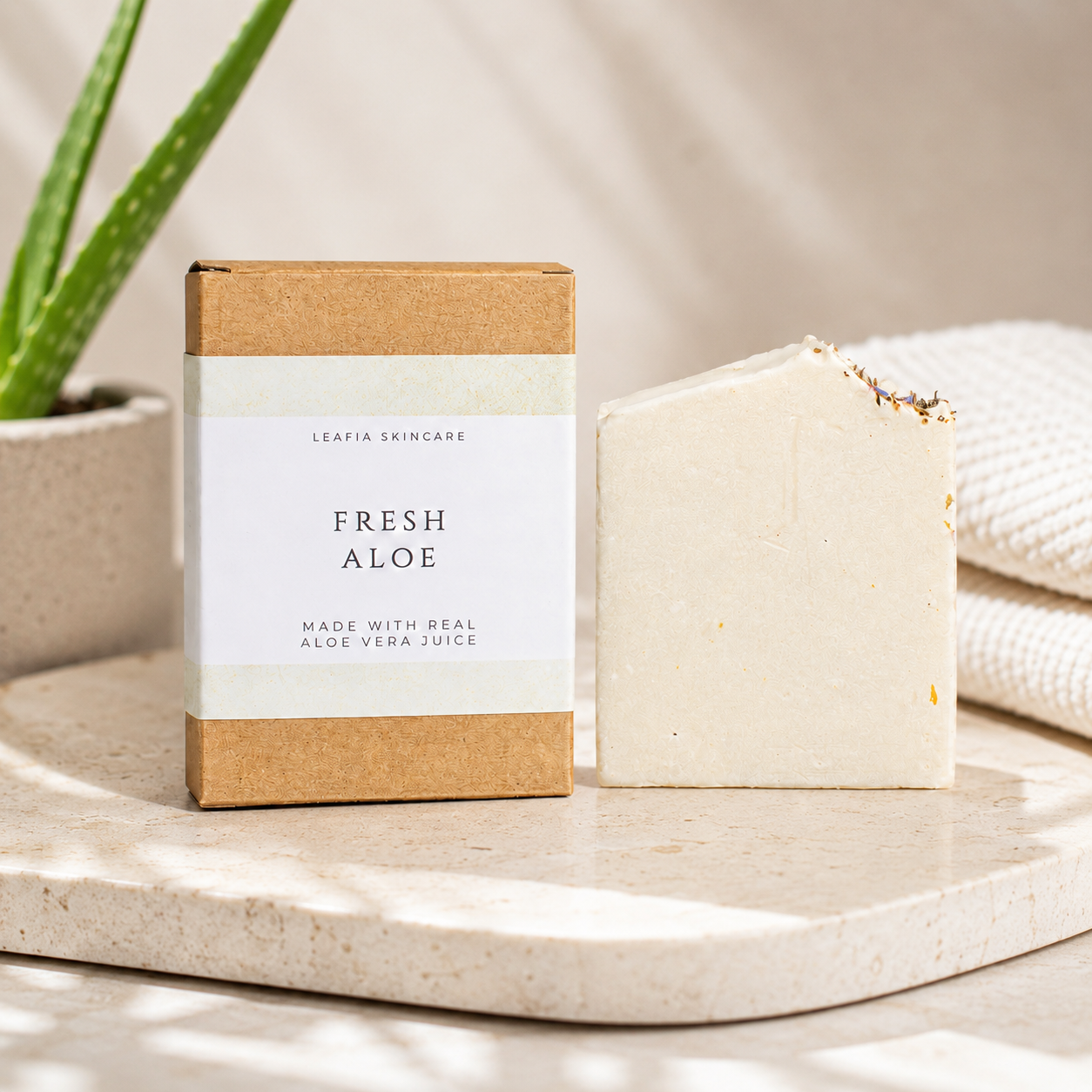 LEAFIA Skincare Fresh Aloe product packaging on a neutral background