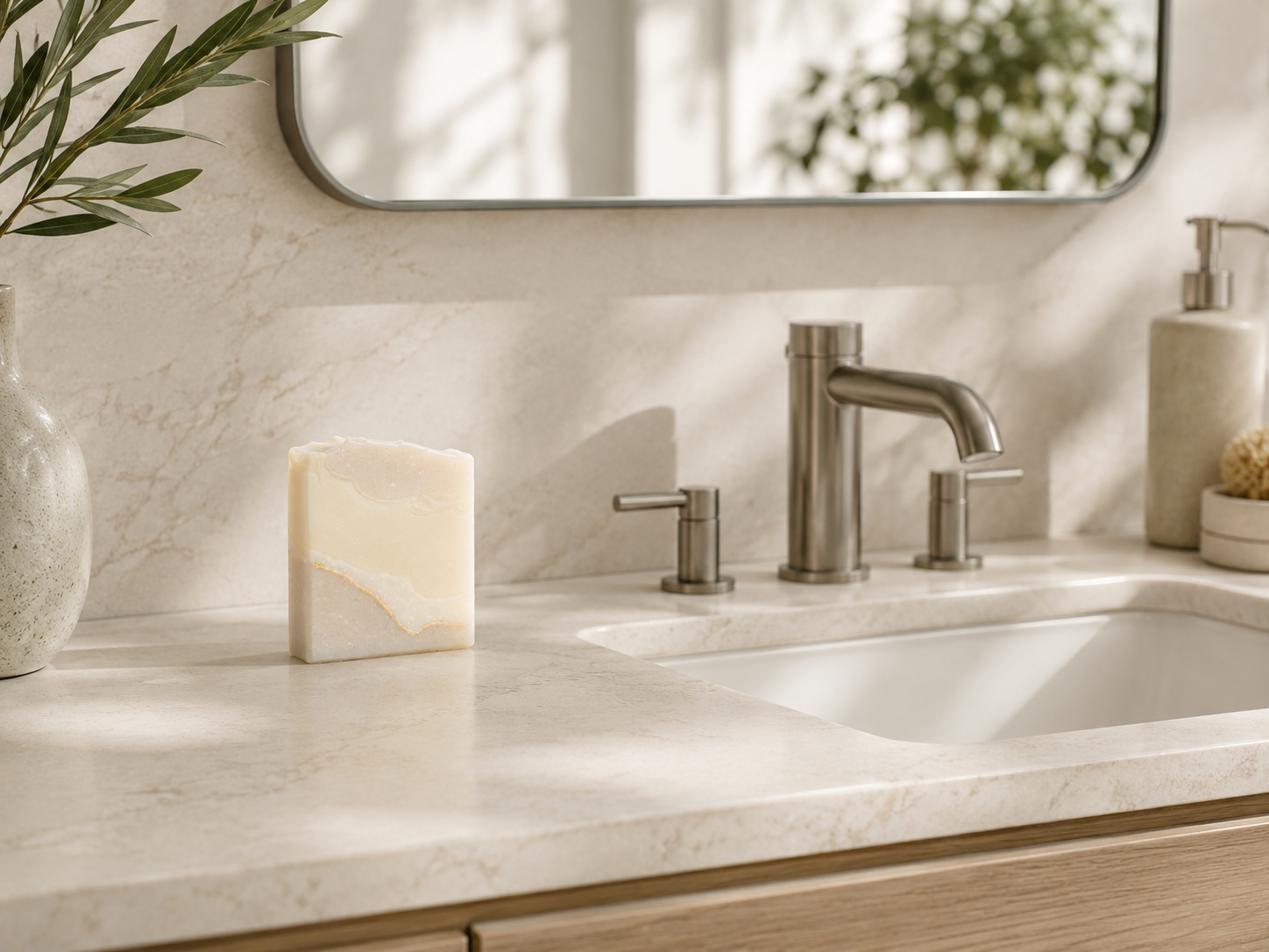 A modern bathroom countertop scene with a matte brushed metal faucet, matching faucet controls, a white sink, marble-look countertop and backsplash, a handmade soap bar, a pump bottle, and a mirror above.