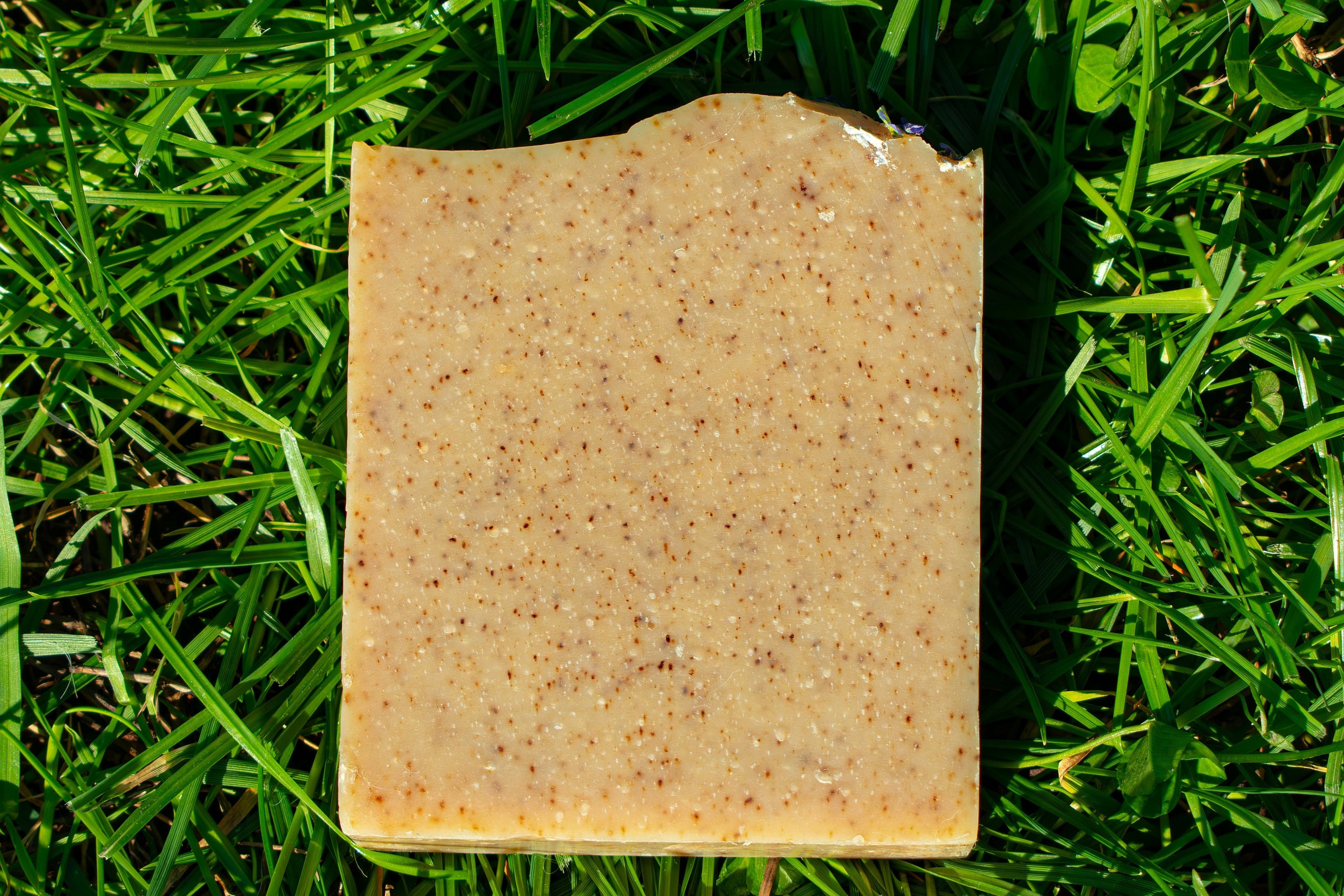 Square piece of  soap on green grass
