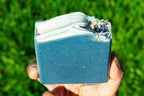 Hand holding a blue bar of soap against a grassy background