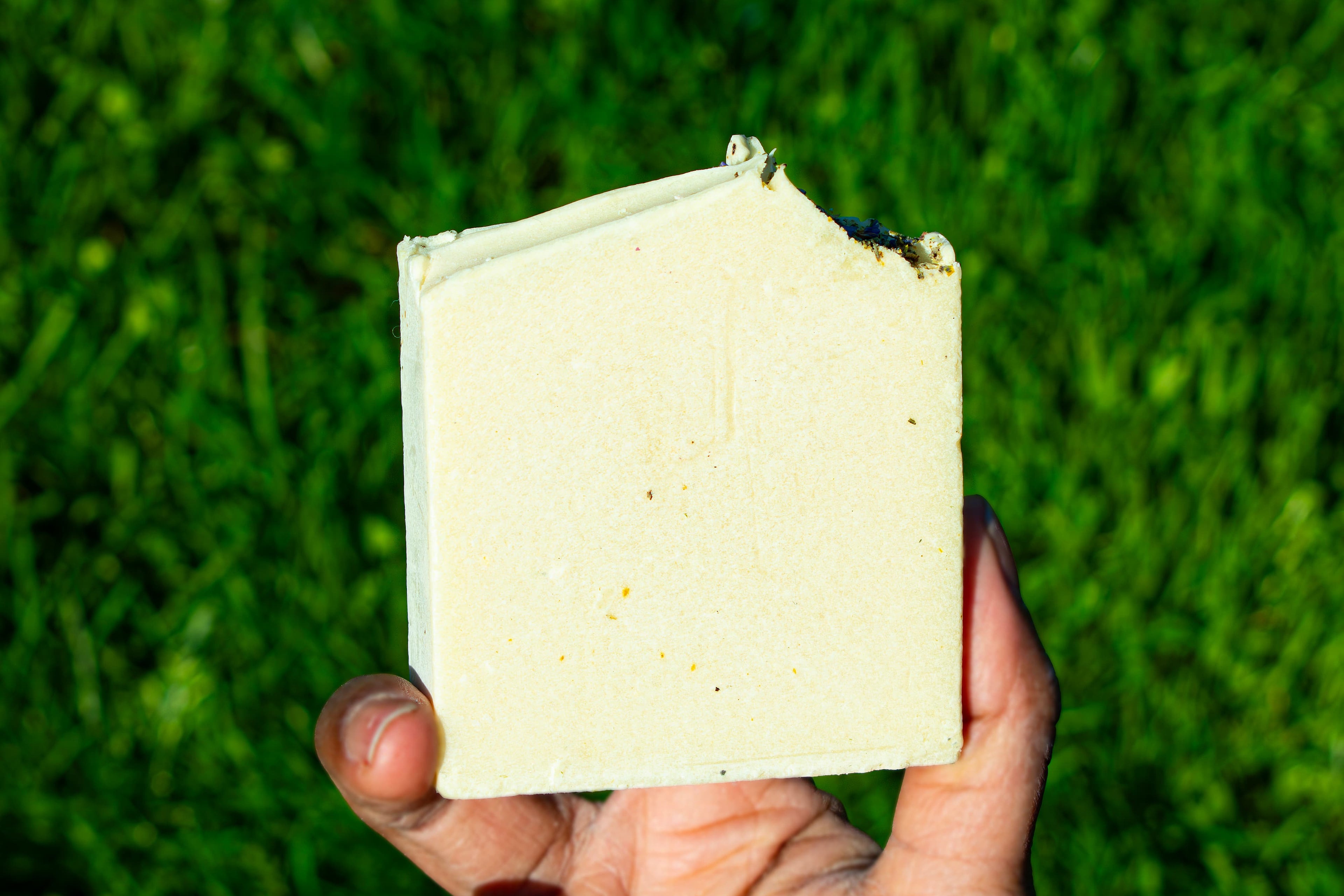 Hand holding a soap against a green grass background