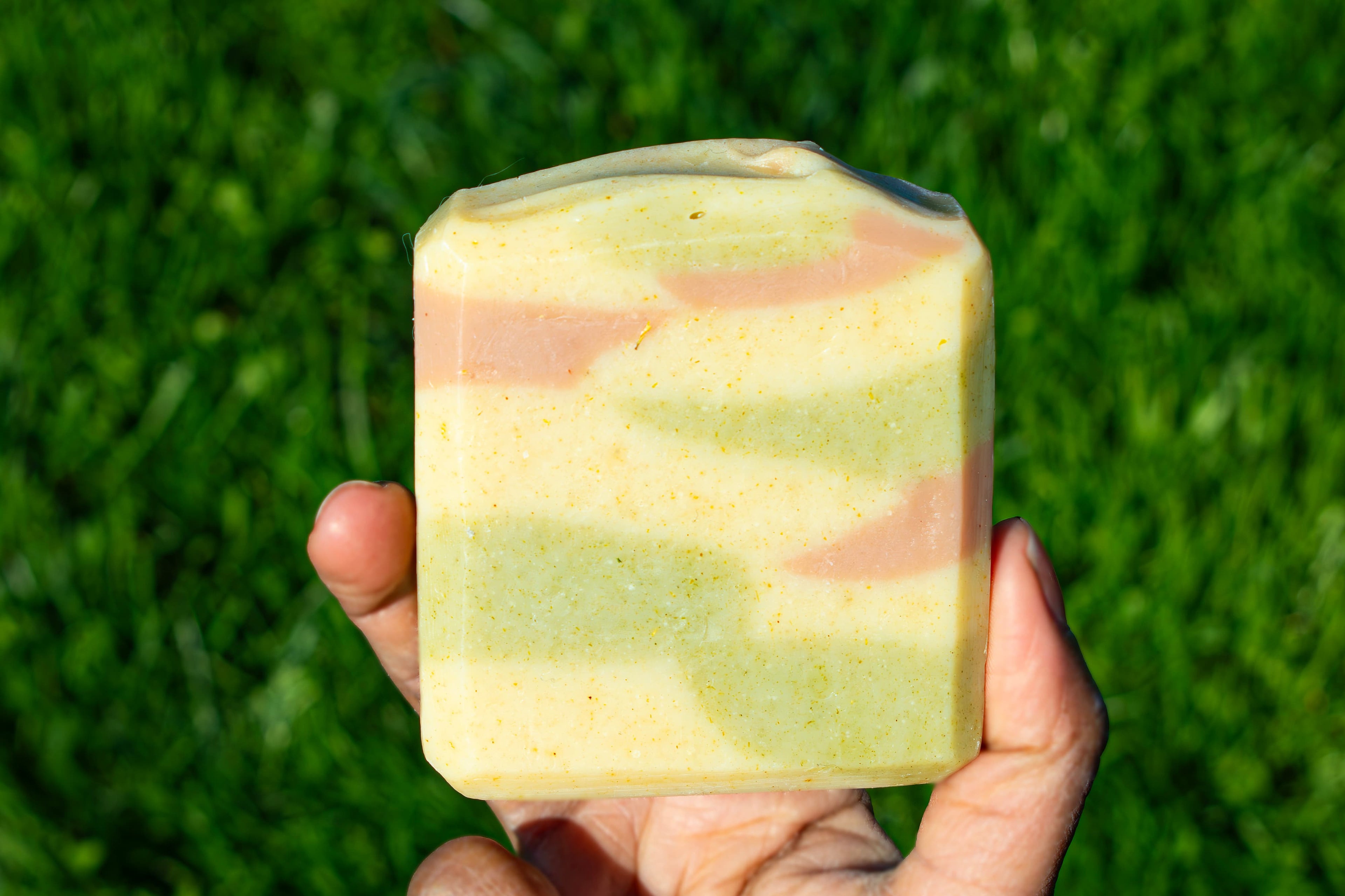 Hand holding a striped soap bar against a grassy background