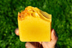 Hand holding a yellow block of soap with a textured top against a green grass background
