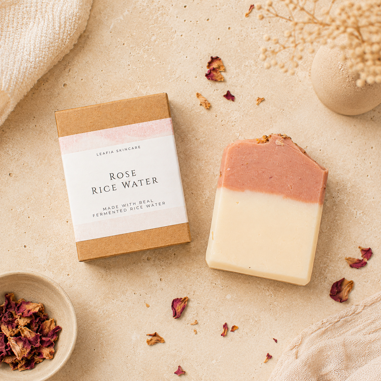 Rose rice water soap bar with packaging on a textured surface with dried rose petals.
