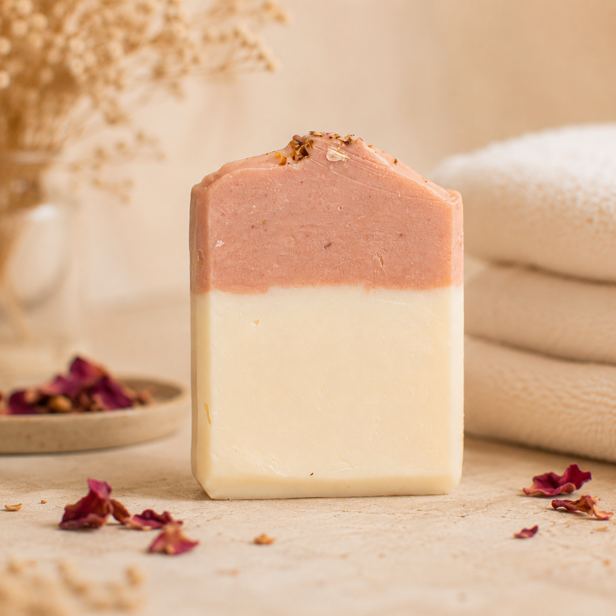 Two-tone soap bar with a pink top and white bottom on a neutral background with dried flowers and fabric.