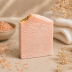 Pink bar of soap with gold on a neutral background with towel and bath salts.