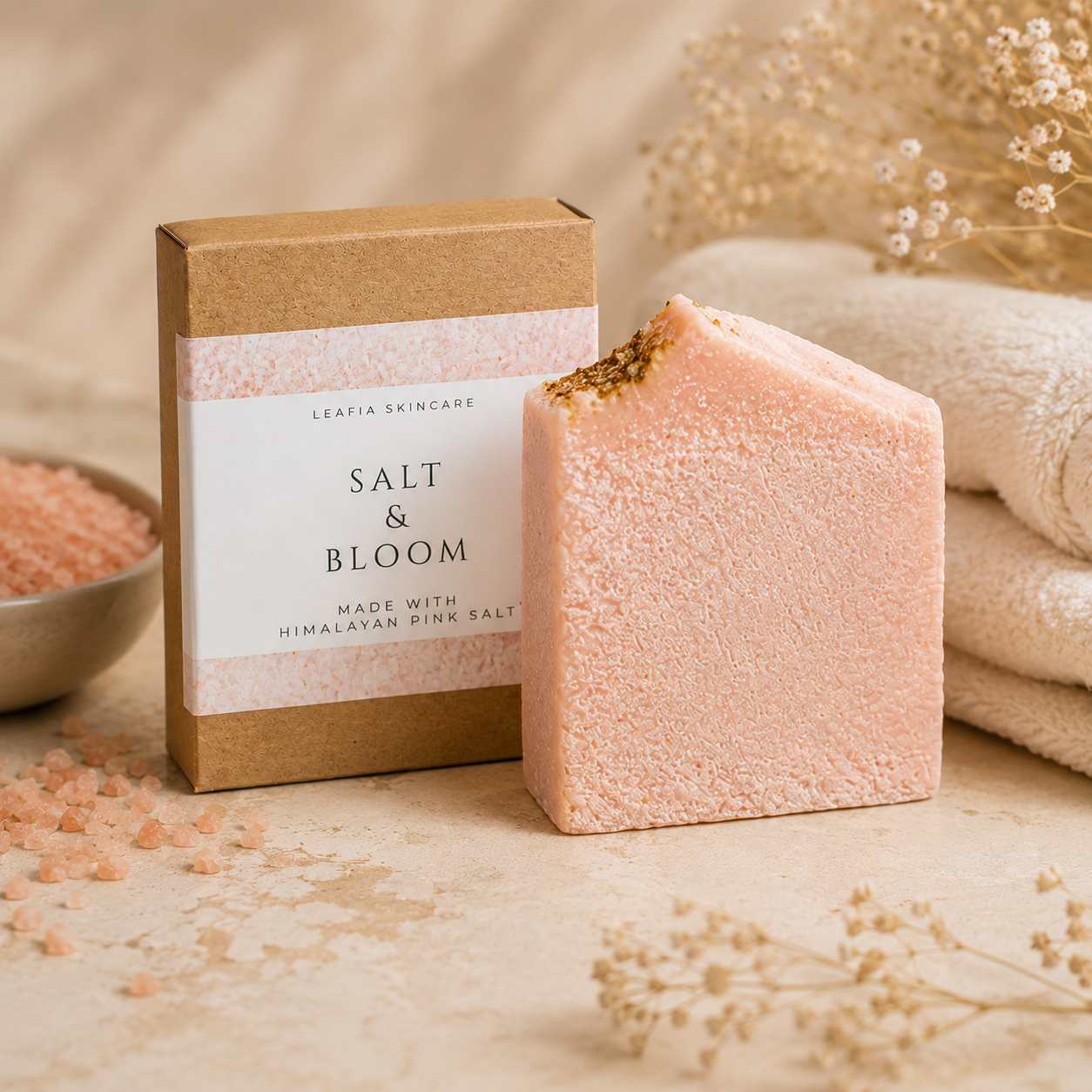 Pink salt bar with packaging labeled 'Salt & Bloom' on a neutral background