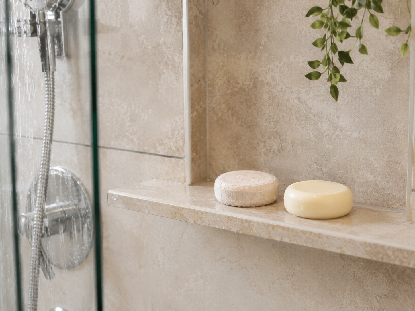 Two round bar soaps, one textured off-white and one smooth pale yellow, resting on a beige stone shelf in a bathroom setting with a glass shower door and tiled wall.