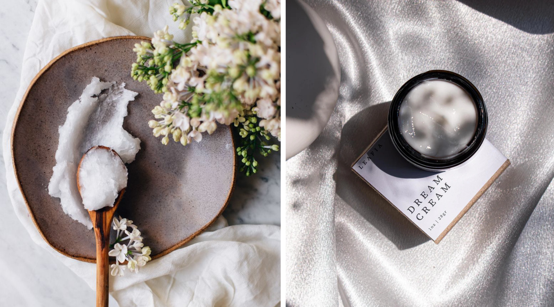 Leafia Skincare Retinol Cream opened. Flowers and Coconut oil on wooden spoon 